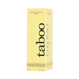 Жълта кутия на парфюм Taboo Équivoque, 50 мл, с надпис „Sensual fragrance unisex“ и 80% vol., видяна под ъгъл