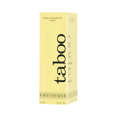 Жълта кутия на парфюм Taboo Équivoque, 50 мл, с надпис „Sensual fragrance unisex“ и 80% vol., видяна под ъгъл