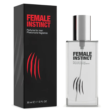 Феромонен парфюм за мъже Female Instinct 30 мл: стъклено флаконче със сребрист капак до черната червено-черна кутия