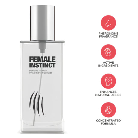 Парфюмът Female Instinct с прозрачен флакон и сребрист капак, до четири иконки: феромонен аромат, активни съставки, концентрирана формула
