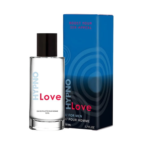 Феромонен парфюм Hypno Love за мъже, 50 мл: прозрачен флакон с черен капак до синя кутия с надпис „Boost your sex-appeal“