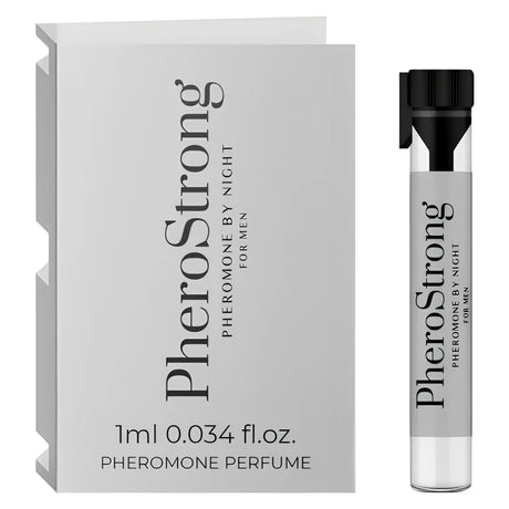 Феромонен парфюм PheroStrong Pheromone by Night for Men 1 мл: сива картонена опаковка и стъклена епруветка с черна капачка
