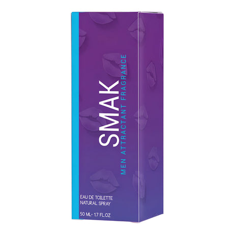 Лилава кутия на парфюма Smak Men Attractant Fragrance с шарка от устни и надпис Eau de Toilette, 50 мл, под ъгъл