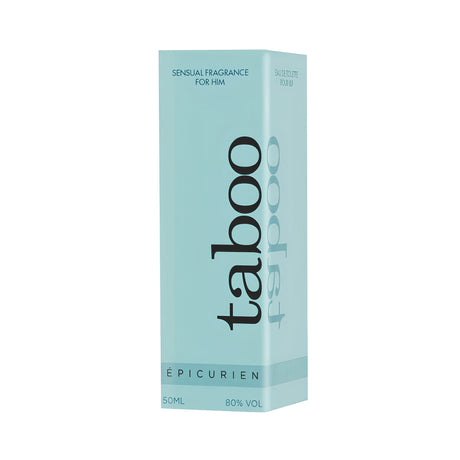 Кутия на парфюм Taboo Epicurien на Ruf в светлотюркоазен цвят, на ъгъл, с надпис Sensual fragrance for him, 50 ml