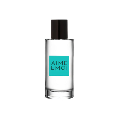 Феромонен парфюм Aime Emoi на Ruf – прозрачно стъклено флаконче с черна капачка и тюркоазен етикет с надпис „AIME EMOI“