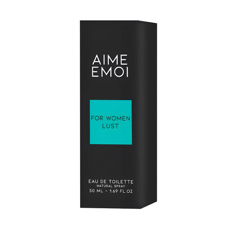 Черна кутия на парфюма Aime Emoi с тюркоазен панел „For Women Lust“, надпис Eau de Toilette, 50 ml, в изглед отстрани