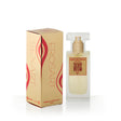 Стъклено флаконче Ferowoman Parfum на Eros Art със златист капак и до него златистата кутия с червени орнаменти и надпис EROSART
