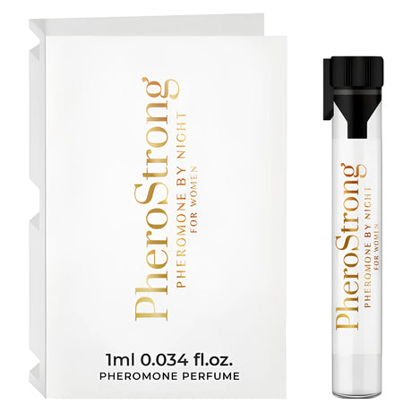 Феромонен парфюм PheroStrong Pheromone by Night for Women, 1 мл: бяла картонена опаковка и стъклена епруветка с черна капачка