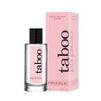 Флакон Taboo Frivole с черна капачка до розовата си кутия с надпис „Sensual fragrance for her“, 50 мл, 80% vol