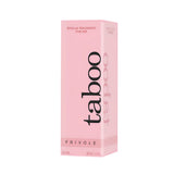 Розова кутия на парфюм Taboo Frivole за жени, 50 мл, ъглов изглед с надпис Sensual Fragrance for Her и 80% vol.