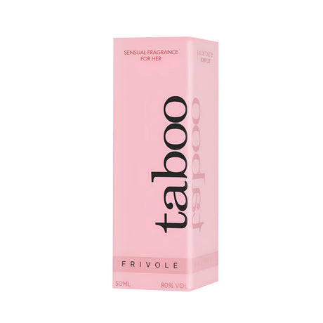 Розова кутия на парфюм Taboo Frivole за жени, 50 мл, ъглов изглед с надпис Sensual Fragrance for Her и 80% vol.