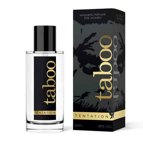 Флакон Taboo Tentation 50 ml с черна капачка до черно-златната си кутия с надпис „Magnetic perfume for women“