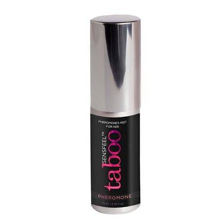 Черно флаконче със сребристо капаче на Taboo SensFeel Pheromone, 15 мл, с надпис „Pheromones mist for her“ на етикета