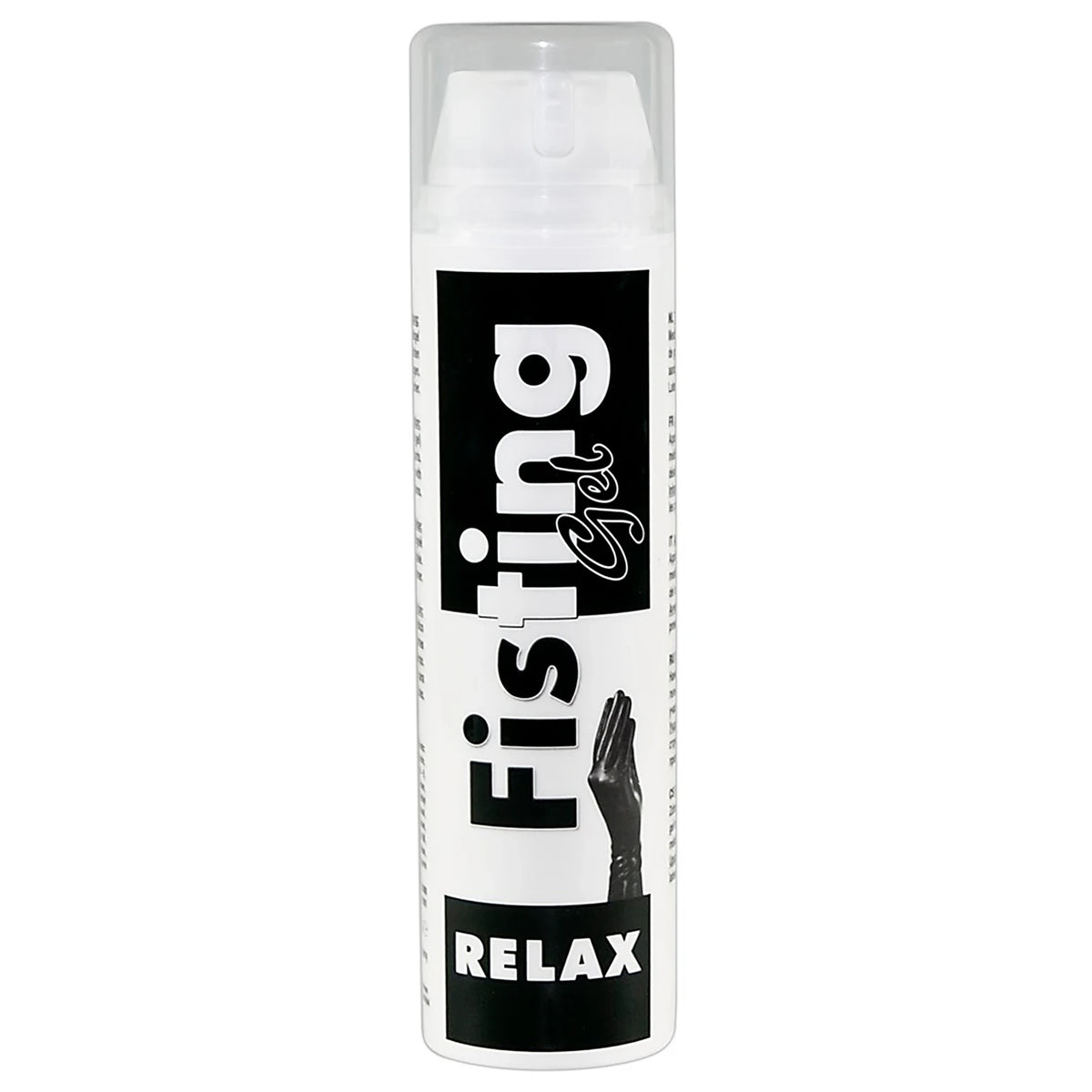 Бяла бутилка с дозираща помпа и прозрачен капак на Orion Fisting Gel Relax, с черно-бяла бутилка с надписи „Fisting Gel“ и „RELAX“