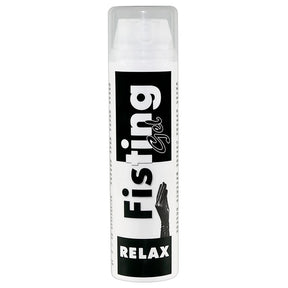 Бяла бутилка с дозираща помпа и прозрачен капак на Orion Fisting Gel Relax, с черно-бяла бутилка с надписи „Fisting Gel“ и „RELAX“