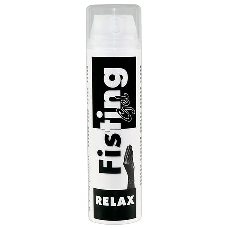 Бяла бутилка с дозираща помпа и прозрачен капак на Orion Fisting Gel Relax, с черно-бяла бутилка с надписи „Fisting Gel“ и „RELAX“