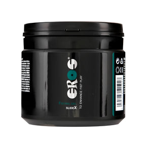 Черна кръгла кутия с капак на фистинг гел Eros SlideX 500 ml, предна страна с лого Eros и надпис Fisting gel slideX
