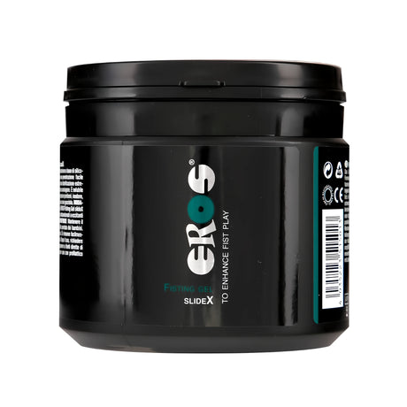 Черна кръгла кутия с капак на фистинг гел Eros SlideX 500 ml, предна страна с лого Eros и надпис Fisting gel slideX