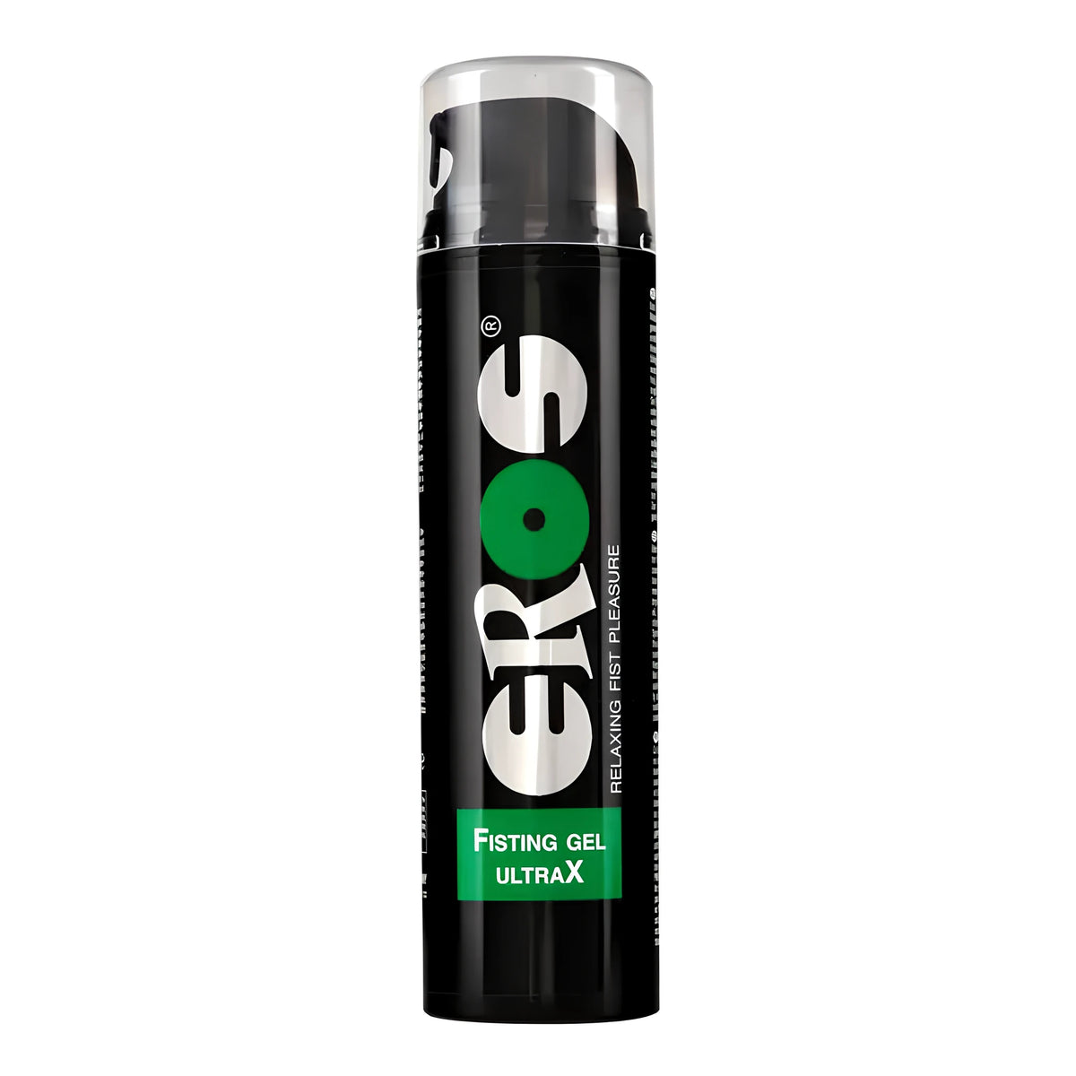 Черна помпа бутилка Eros Fisting Gel UltraX със зелен етикет и надпис Relaxing Fist Pleasure, предна страна