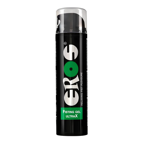Черна помпа бутилка Eros Fisting Gel UltraX със зелен етикет и надпис Relaxing Fist Pleasure, предна страна