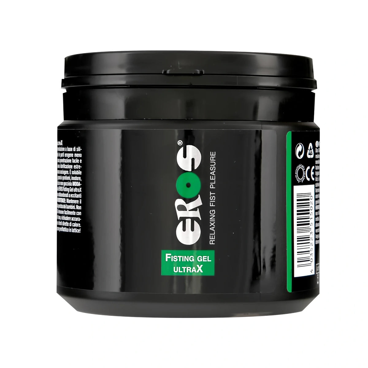 Черна кутия Eros Fisting Gel UltraX 500 мл с капак, зелен етикет, надпис „Relaxing Fist Pleasure“ и баркод отстрани