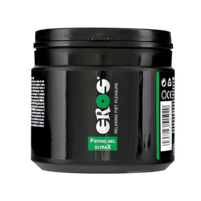 Черна кутия Eros Fisting Gel UltraX 500 мл с капак, зелен етикет, надпис „Relaxing Fist Pleasure“ и баркод отстрани