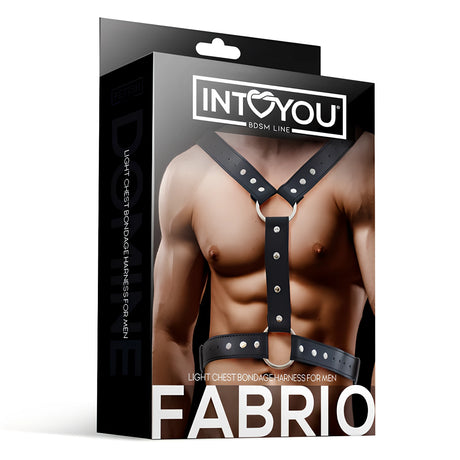 Черна кутия на харнес Fabrio от IntoYou BDSM Line с мъжки торс с черен кожен харнес с метални капси и халки