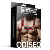 Черна кутия на харнес Odiseo на IntoYou, BDSM Line, с мъж, носещ черен харнес с червени кантове, и надпис Light chest bondage harness for men