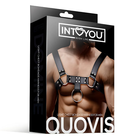 Кутия на харнес Quovis на IntoYou от серията BDSM Line, с мъж с черен кожен харнес с метални халки на лицевата страна