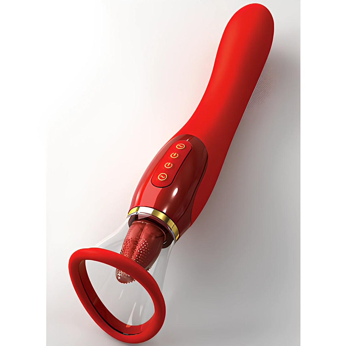 Her Ultimate Pleasure 24K Gold на Pipedream – червен масажор с извита дръжка, златисти бутони и прозрачна чашка с накрайник