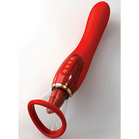 Her Ultimate Pleasure 24K Gold на Pipedream – червен масажор с извита дръжка, златисти бутони и прозрачна чашка с накрайник