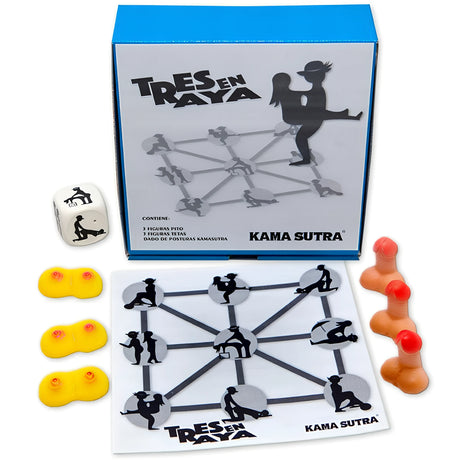 Игра Tic Tac Toe Kamasutra edition: синя кутия „Tres en Raya“, дъска с девет черни силуета, зар и по три жълти и телесни фигурки за игра