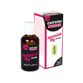 Тъмно стъклено шишенце с бяла капачка до розово-бяла кутия на Ero Extreme Women Spanish Fly Strong, 30 ml, със зелен бръмбар
