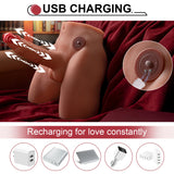 Инфографика за USB зареждане на Mistress Jason: магнитен кабел до порта на торса и пет източника на захранване отдолу