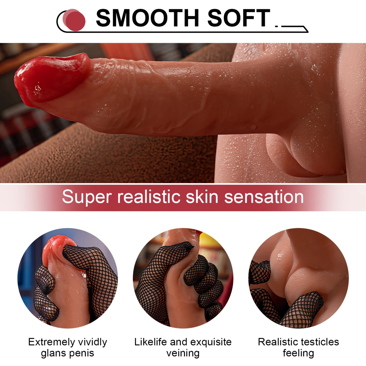 Инфографика за Jason от Mistress със заглавие „Smooth soft“: едър план на реалистична текстура и три детайла с ръка в мрежеста ръкавица