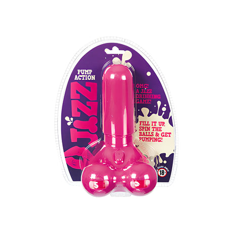 Игра за пиене Jizz Pump Action в блистерна опаковка с лилав картон, розова пластмасова фигура и надпис за възраст 18+