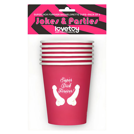 Опаковка на Lovetoy с 6 розови картонени парти чаши с надпис „Super Dick Forever!“ и щампа на фалически рисунки