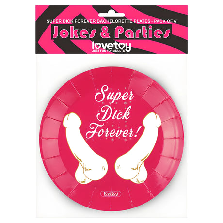 Опаковка на картонени парти чинии Lovetoy, 6 бр., от серията Jokes & Parties, с розова чиния и надпис Super Dick Forever