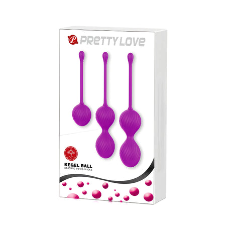 Опаковка на Кегел топчета 3в1 Pretty Love с три лилави силиконови топчета с връзка, различни по големина, и надпис Kegel Ball