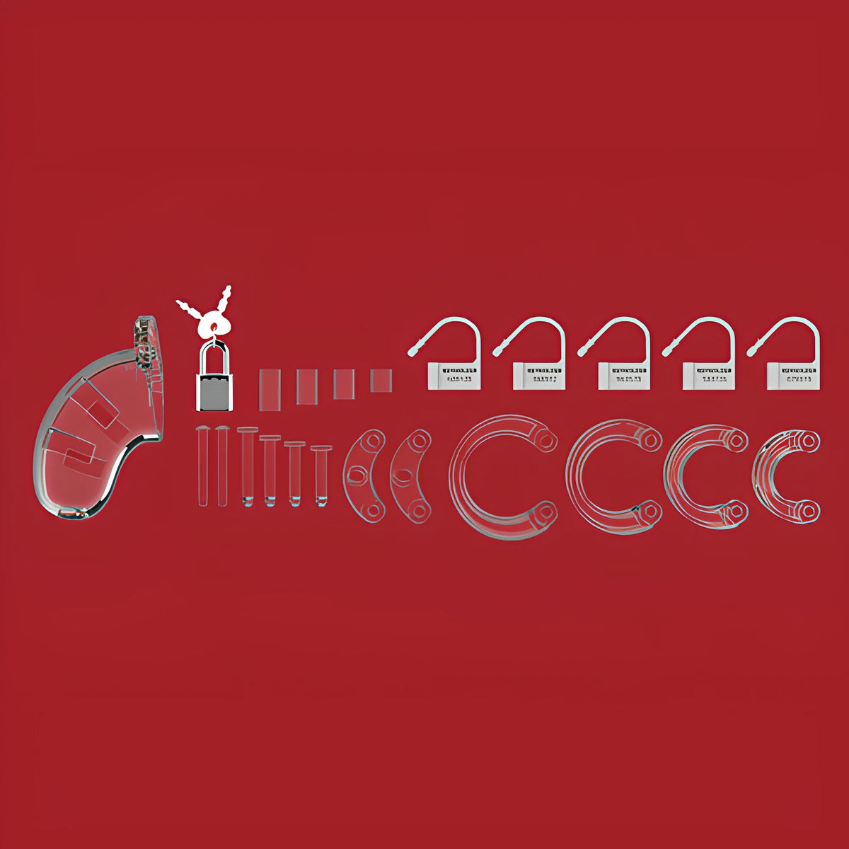 Всички части в комплекта на ManCage 01: прозрачна клетка, катинар с ключове, четири пръстена, щифтове и пет пластмасови пломби на червен фон