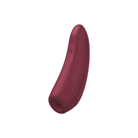 Satisfyer Curvy 1+ в бордо, изглед отстрани и отпред: виждат се трите бутона за управление и кръглият отвор в долния край