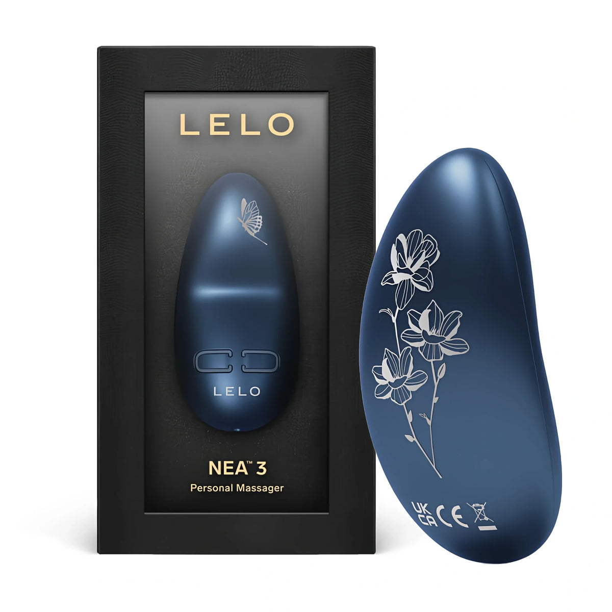 LELO Nea 3 в синьо Alien Blue: черната кутия с надпис Personal Massager до уреда с гравирани сребристи цветя и пеперуда