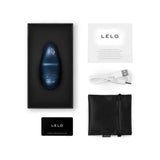 LELO Nea 3 в син цвят в черна кутия, до нея ръководство, USB кабел за зареждане, черна торбичка и гаранционна карта