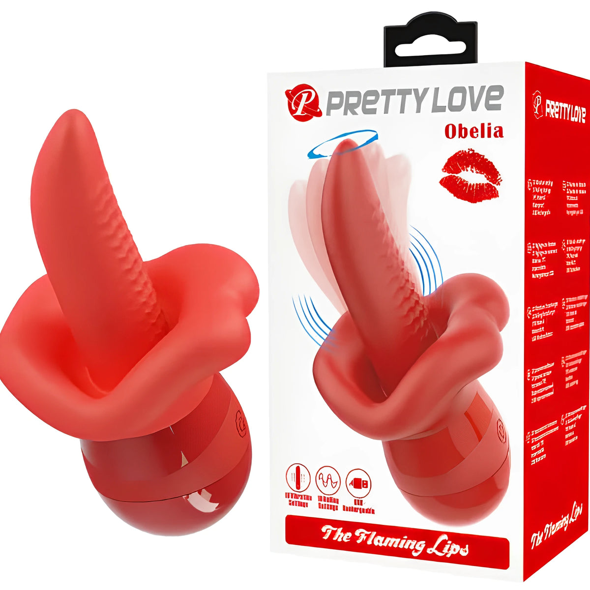 Червеният стимулатор Obelia на Pretty Love във формата на устни с език до бяла кутия с надпис „The Flaming Lips“