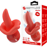 Червеният стимулатор Obelia на Pretty Love във формата на устни с език до бяла кутия с надпис „The Flaming Lips“