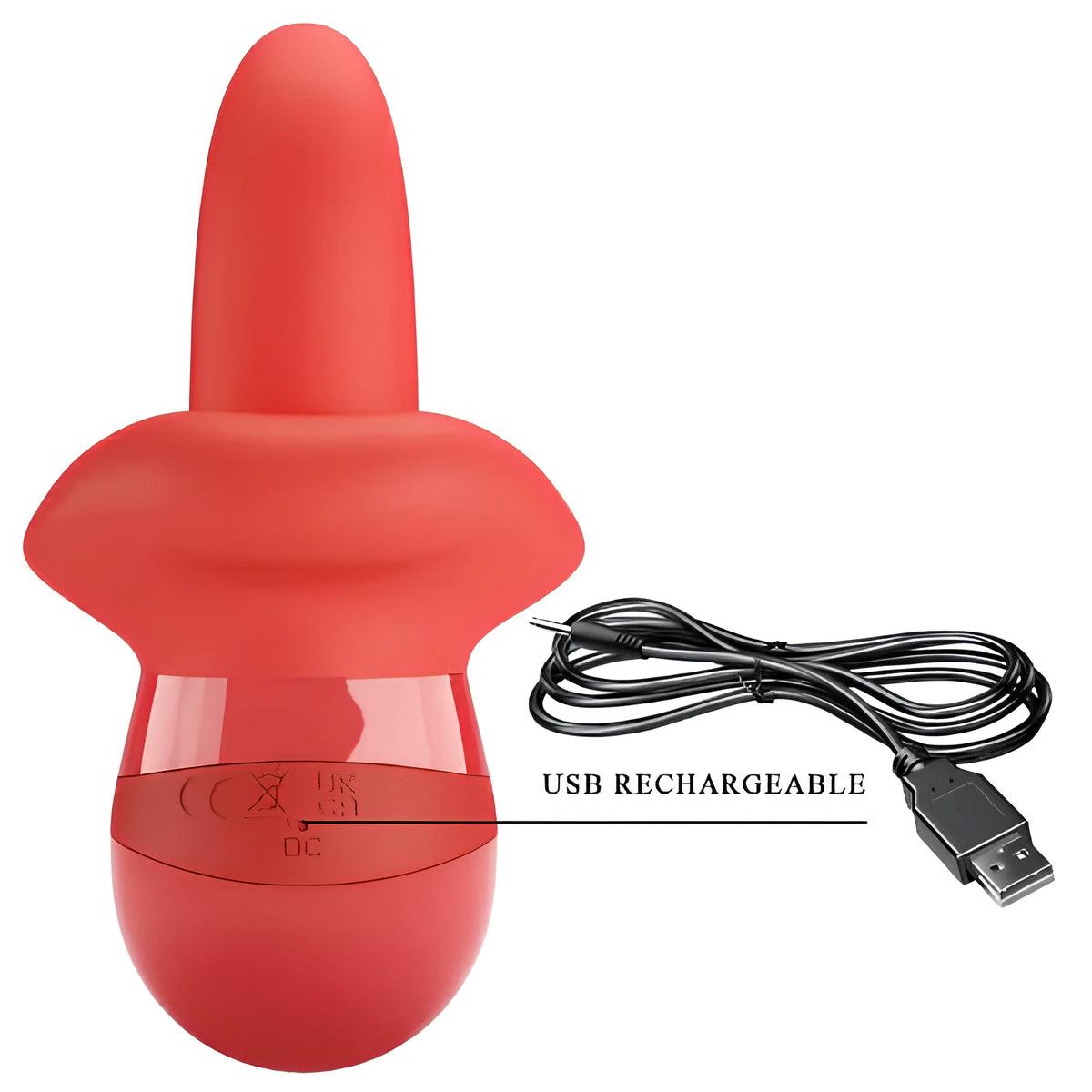 Червеният стимулатор Obelia на Pretty Love с черен USB кабел за зареждане и надпис „USB RECHARGEABLE“ към жака на дъното