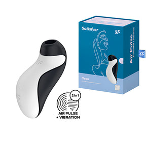 Satisfyer Orca в черно и бяло до синята си кутия, с надпис „2 в 1: въздушна пулсация и вибрация“