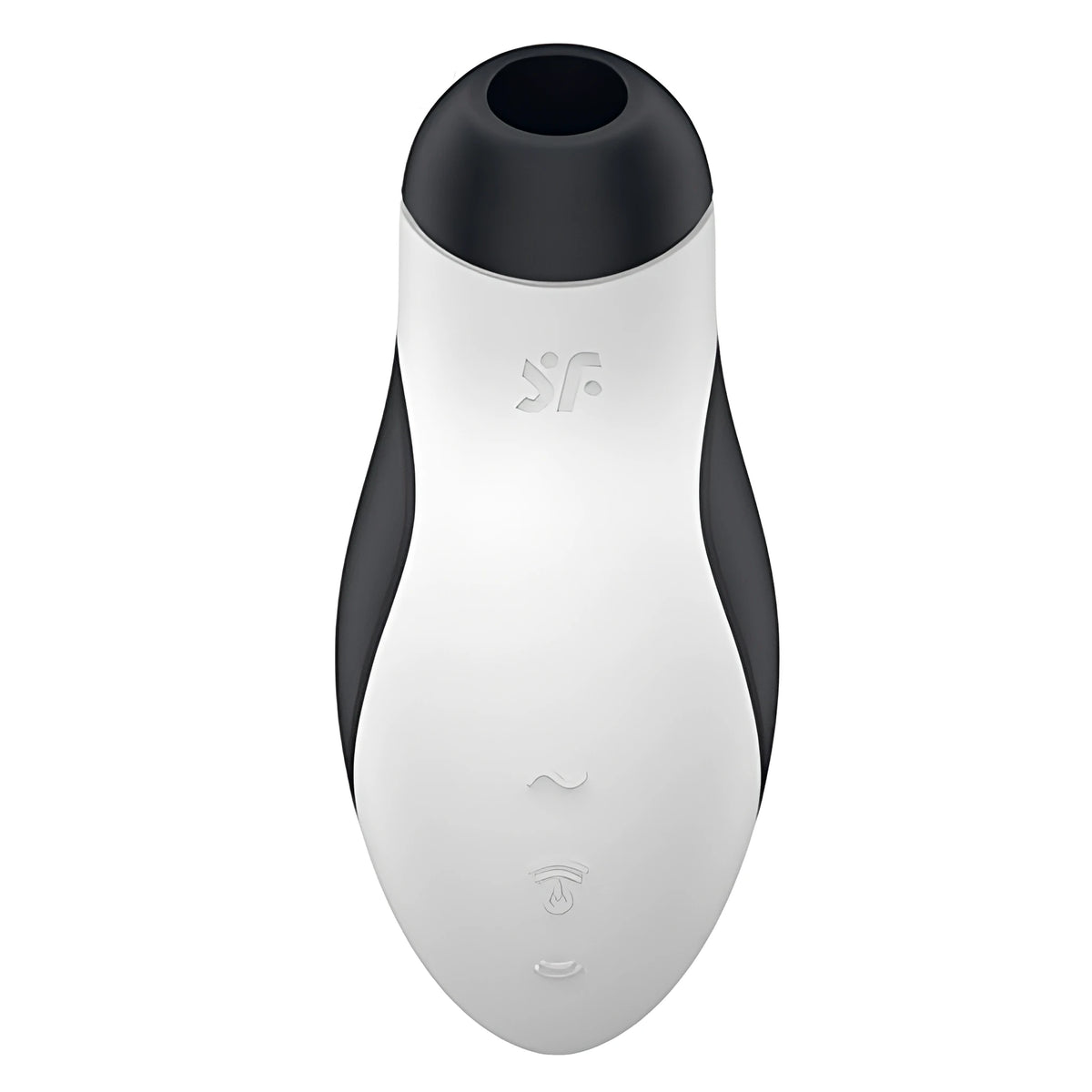 Satisfyer Orca в бяло и черно, изглед отпред отблизо: черен накрайник, лого на марката и бутони за управление