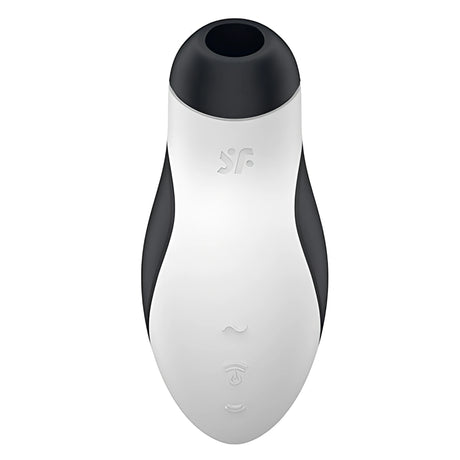 Satisfyer Orca в бяло и черно, изглед отпред отблизо: черен накрайник, лого на марката и бутони за управление