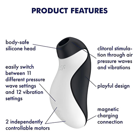 Инфографика на Satisfyer Orca в черно и бяло с обозначени функции: силиконова глава, 11 режима на въздушни вълни, 12 вибрации, 2 мотора и магнитно зареждане